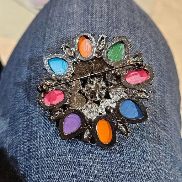 vintage boho whimsigoth jewel tone flower large brooch - Picture 3 of 3